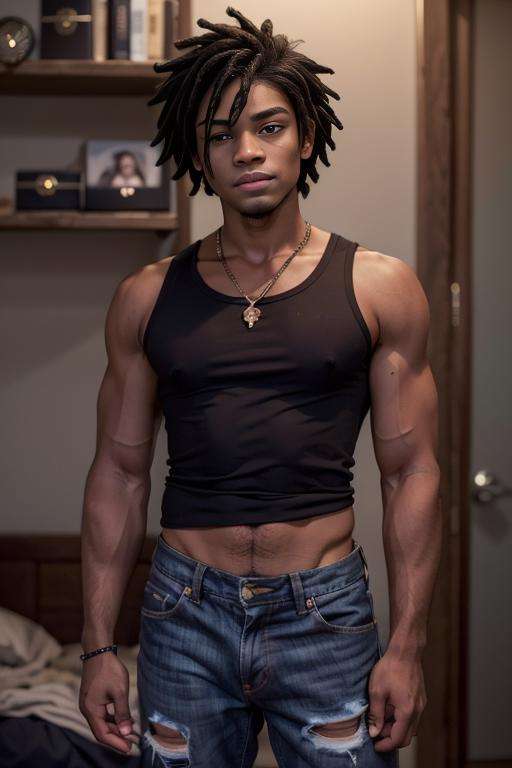 marshall_lee_fionna, 1boy, young man, 23 years old, dark skin, stubble, muscular, broad shoulders, short hair, black hair, dreadlocks, tank top, looking at you, arrogant smirk, room, jeans, <lora:marshall_lee_fionna-30:0.6>