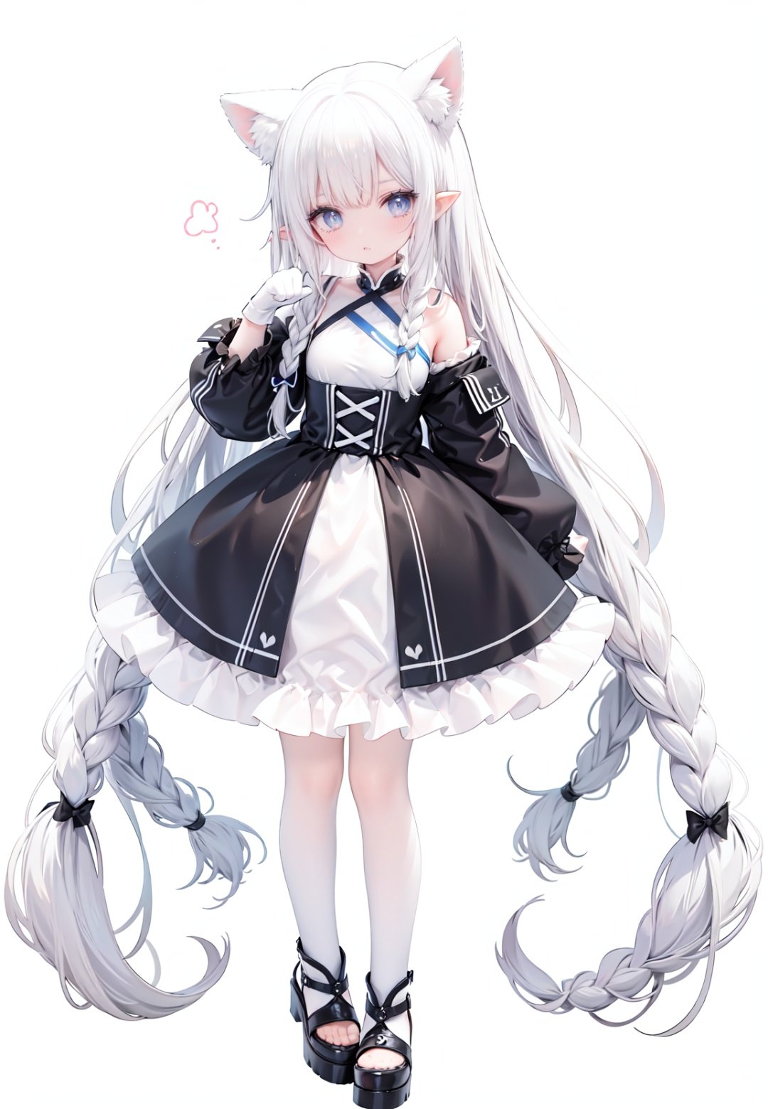  1girl, white_gloves, braid, full_body, gloves, long_hair, official_alternate_costume, pointy_ears, simple_background, solo, standing, very_long_hair, white_background, white hair, blue eyes, paw claw pose, open_mouth