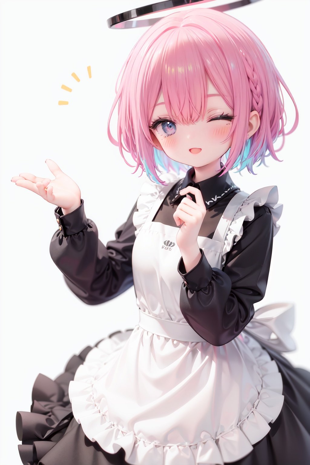  1girl, solo, apron, halo, hair over one eye, closed eyes, smile, white background, dress, white apron, simple background, long sleeves, multicolored hair, braid, open mouth, blue hair, alternate costume, blush, bangs, :d, pink hair, black dress, ribbon, frilled dress, enmaided, short hair, hand up, colored inner hair