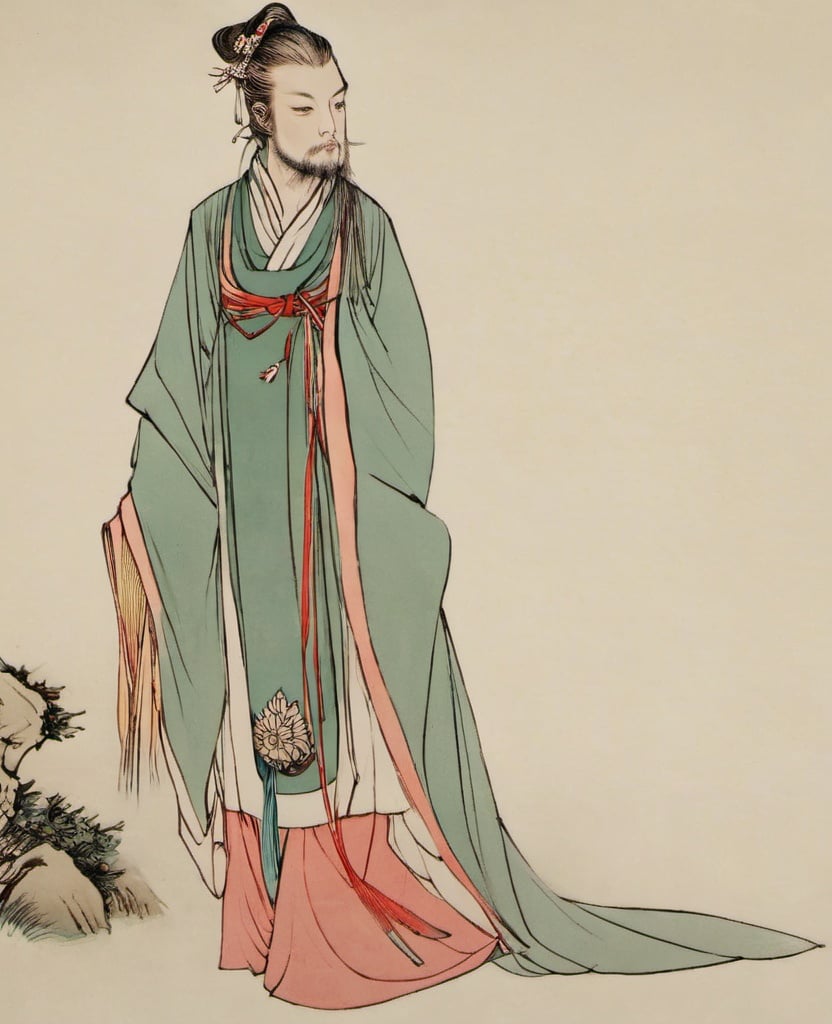 1man,  facial hair, chinese clothes,  hanfu, long sleeves, wide sleeves, <lora:白描人物XL_V1.0:1>, masterpiece, best quality,