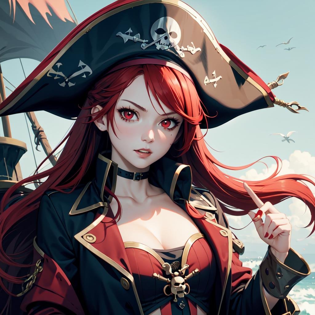 1girl, red hair, red eyes, pirate , pirate outfit, pirate hat,