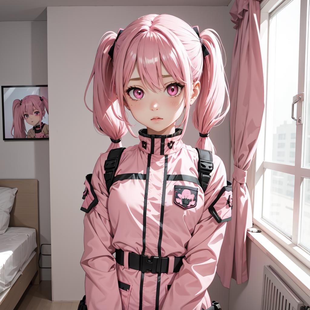 1girl, pink eyes, pink hair, twintails, pink military uniform, scenery, room