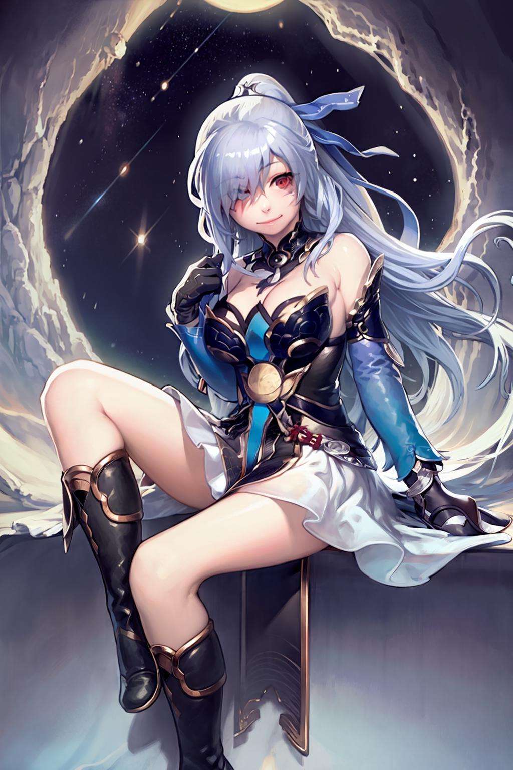 masterpiece, best quality,  <lora:jingliu-mver-000008:1>, <lora:style17:1>,1girl, long hair,red eyes, gloves, moon, breasts, sitting, solo, looking at viewer, black gloves, dress, bare shoulders, sky, night, boots, hair over one eye, night sky, full moon, cleavage, bangs, full body, ponytail, large breasts, black footwear, grey hair, closed mouth, star (sky), knee boots, very long hair, smile, high heels, starry sky