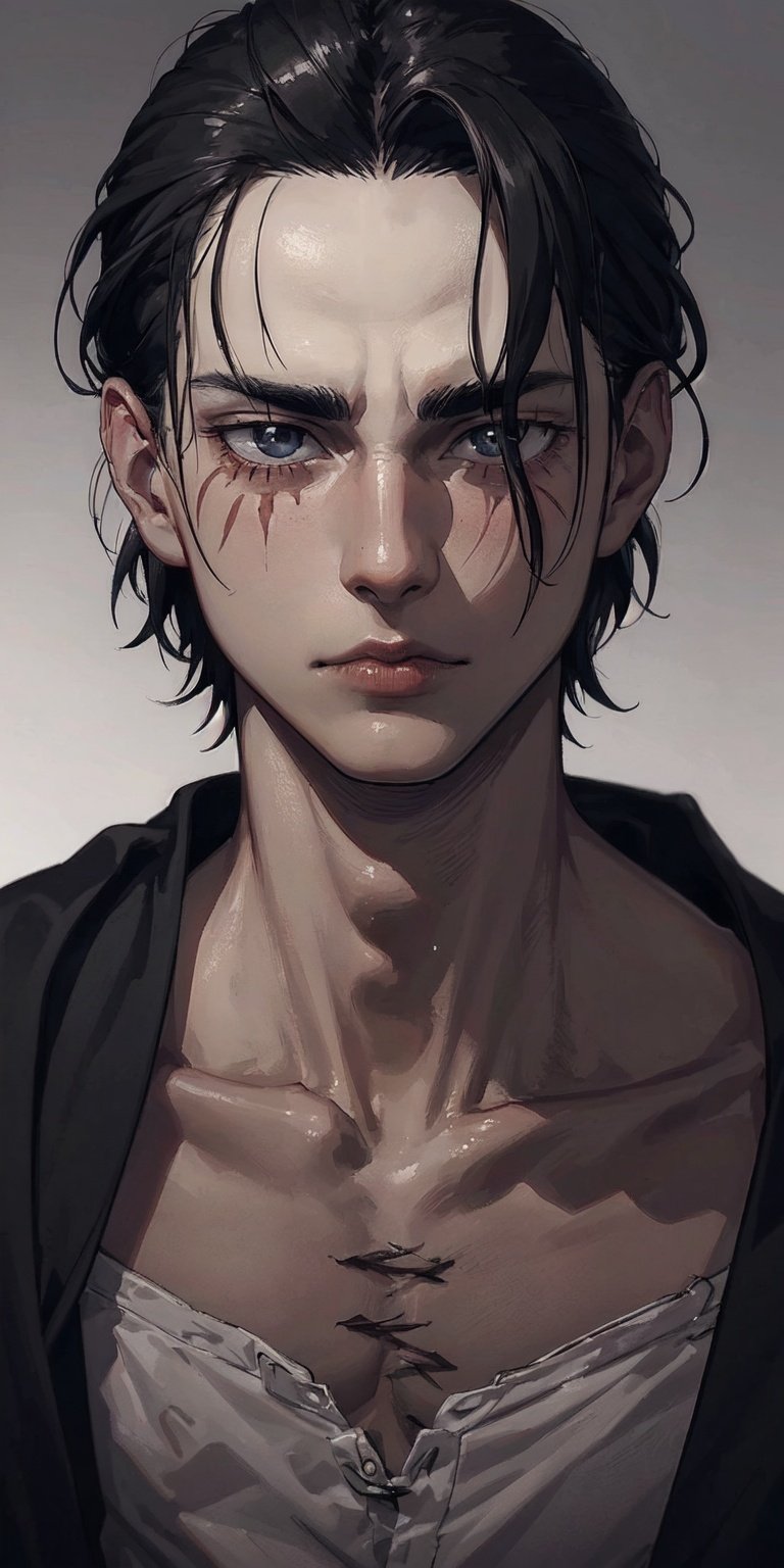 1male,((Face, portrait)),melancholic, extremely detailed, perfect composition, masterpiece 8k wallpapper,black hair, scars below the eyes  ,Eren Jaeger, black hair, scars below the eyes 