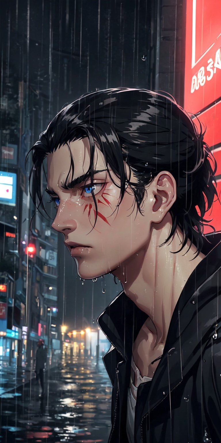 (neon lights, red light), night, rain, wet hair, ((rain drops on his face)), (looking to the sky), melancholic, extremely detailed, perfect composition, masterpiece 8k wallpapper,1male,Eren Jaeger, black hair, scars below the eyes 