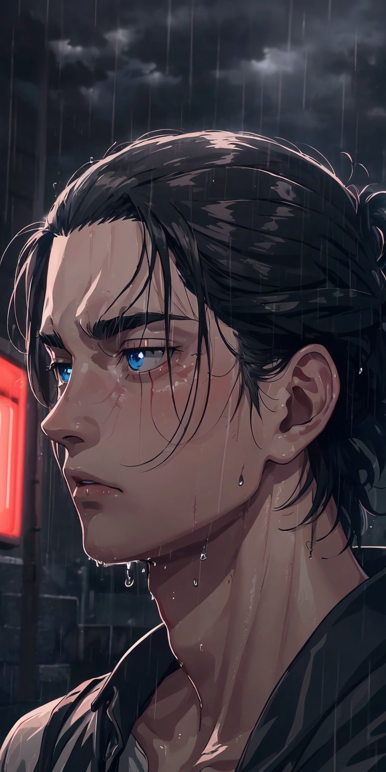 (neon lights, red light), night, rain, wet hair, ((rain drops on his face)), (looking to the sky), melancholic, extremely detailed, perfect composition, masterpiece 8k wallpapper,1male ,Eren Jaeger 