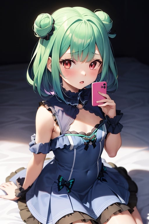 (masterpiece, best quality:1.2), 1girl, anime girl with green hair and blue dress  holding a cell phone, anime girl with teal hair, anime visual of a cute girl, mikudayo, portrait of an anime girl, anime moe artstyle, marin kitagawa fanart, young anime girl, small curvy loli, cute anime waifu in a nice dress, portrait of cute anime girl, made with anime painter studio
