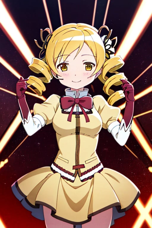 best quality, masterpiece, highres, solo, (tomoe_mami_puellamagimadokamagica:1.15), blonde_hair, drill_hair, twin_drills, twintails, hair_ornament, yellow_eyes, magical_girl, 1girl, school_uniform, anime_coloring, blush, mitakihara_school_uniform, official_style, smile, parody