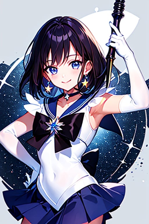 (masterpiece, best quality:1.2), , solo, 1girl, sailor saturn, magical girl, smile, closed mouth, looking at viewer, hand on hip, tiara, sailor senshi uniform, pleated skirt, elbow gloves, jewelry, brooch, choker