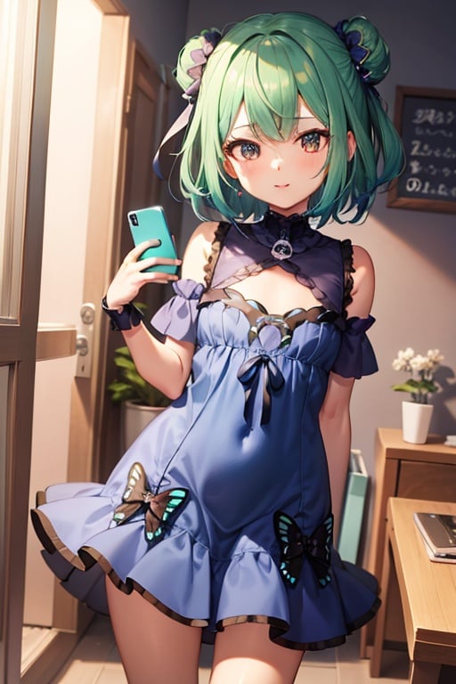 (masterpiece, best quality:1.2), 1girl, anime girl with green hair and blue dress  holding a cell phone, anime girl with teal hair, anime visual of a cute girl, mikudayo, portrait of an anime girl, anime moe artstyle, marin kitagawa fanart, young anime girl, small curvy loli, cute anime waifu in a nice dress, portrait of cute anime girl, made with anime painter studio
