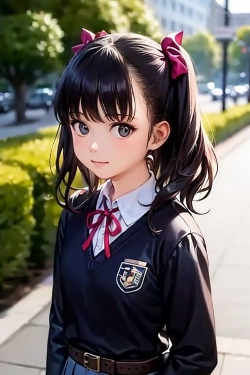 masutepiece, Best Quality, {Best Quality}, {{masutepiece}}, {hight resolution}, Illustration, 1girl in, Inoue Takina, Long hair, Bangs, Black hair, (Purple eyes:1.2), blush, Shirt, Long sleeves, Dress, bow ribbon, School uniform, White shirt, Collared shirt, Belt bag, Neck ribbon, Blue Dress, Green Ribbon, pleated dress, grey dress, two-tone dress, Blue belt, Lycoris Uniform, Looking at Viewer