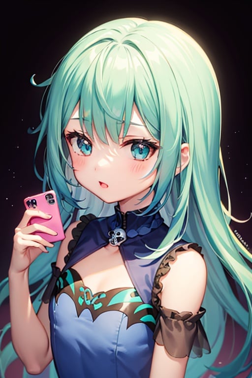 (masterpiece, best quality:1.2), 1girl, anime girl with green hair and blue dress  holding a cell phone, anime girl with teal hair, anime visual of a cute girl, mikudayo, portrait of an anime girl, anime moe artstyle, marin kitagawa fanart, young anime girl, small curvy loli, cute anime waifu in a nice dress, portrait of cute anime girl, made with anime painter studio
