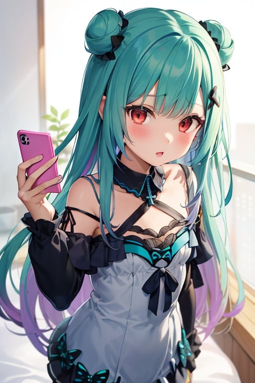 (masterpiece, best quality:1.2), 1girl, anime girl with green hair and blue dress  holding a cell phone, anime girl with teal hair, anime visual of a cute girl, mikudayo, portrait of an anime girl, anime moe artstyle, marin kitagawa fanart, young anime girl, small curvy loli, cute anime waifu in a nice dress, portrait of cute anime girl, made with anime painter studio
