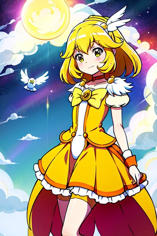 a woman in a yellow dress and a hat with a bird on her head, symphogear, anime girl named lucy, anime visual of a cute girl, rei hiroe, magical girl anime mahou shojo, yami kawaii, best anime character design, daytime ethereal anime, yellow radiant magic, aya takano color style, anime best girl, portrait of magical girl