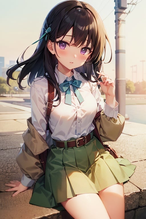 masutepiece, Best Quality, {Best Quality}, {{masutepiece}}, {hight resolution}, Illustration, 1girl in, Inoue Takina, Long hair, Bangs, Black hair, (Purple eyes:1.2), blush, Shirt, Long sleeves, Dress, bow ribbon, School uniform, White shirt, Collared shirt, Belt bag, Neck ribbon, Blue Dress, Green Ribbon, pleated dress, grey dress, two-tone dress, Blue belt, Lycoris Uniform, Looking at Viewer