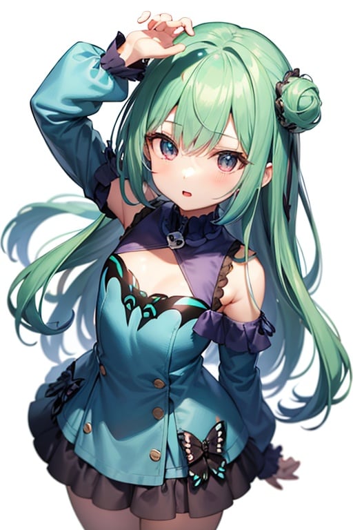 (masterpiece, best quality:1.2), 1girl, anime girl with green hair and blue dress  holding a cell phone, anime girl with teal hair, anime visual of a cute girl, mikudayo, portrait of an anime girl, anime moe artstyle, marin kitagawa fanart, young anime girl, small curvy loli, cute anime waifu in a nice dress, portrait of cute anime girl, made with anime painter studio
