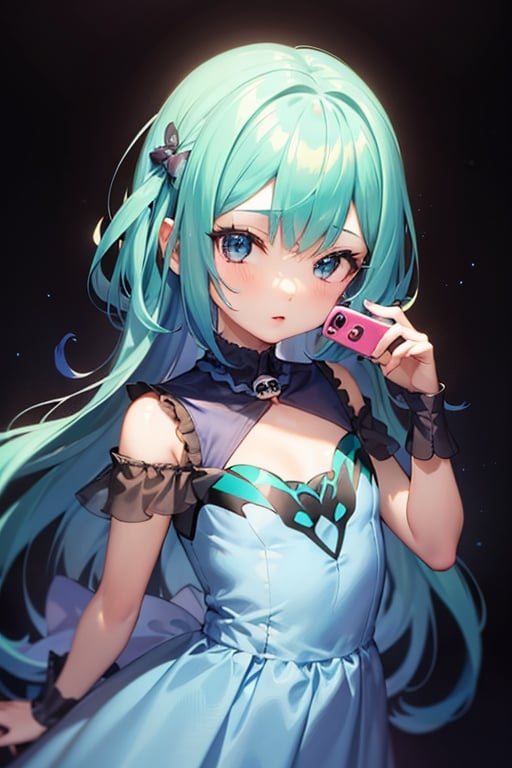 (masterpiece, best quality:1.2), 1girl, anime girl with green hair and blue dress  holding a cell phone, anime girl with teal hair, anime visual of a cute girl, mikudayo, portrait of an anime girl, anime moe artstyle, marin kitagawa fanart, young anime girl, small curvy loli, cute anime waifu in a nice dress, portrait of cute anime girl, made with anime painter studio
