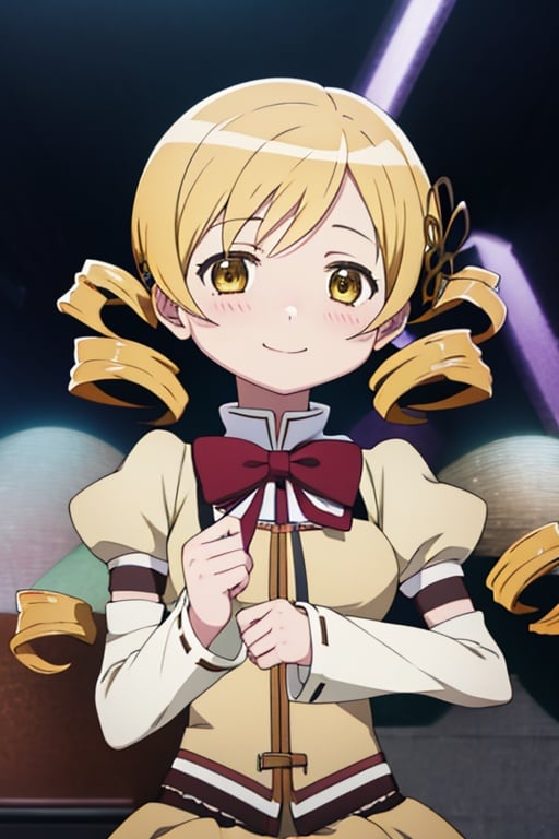 best quality, masterpiece, highres, solo, (tomoe_mami_puellamagimadokamagica:1.15), blonde_hair, drill_hair, twin_drills, twintails, hair_ornament, yellow_eyes, magical_girl, 1girl, school_uniform, anime_coloring, blush, mitakihara_school_uniform, official_style, smile, parody