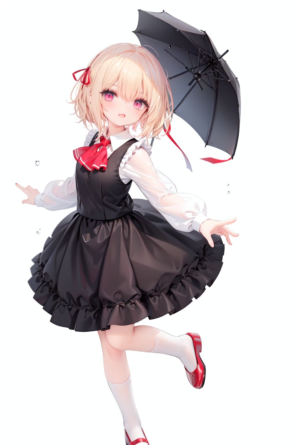  1girl, rumia, blonde hair, solo, white background, red eyes, red footwear, simple background, ascot, short hair, ribbon, open mouth, hair ribbon, smile, long sleeves, shirt, looking at viewer, red ascot, white socks, white shirt, red ribbon, shoes, socks, frills, bangs, outstretched arms, hair between eyes, skirt, :d, dress, vest, mary janes, black dress, black skirt, collared shirt, black vest, blush