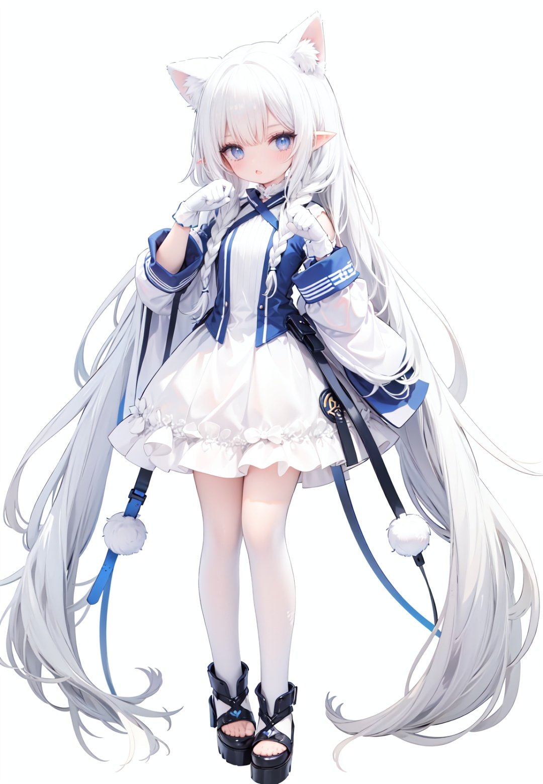  1girl, white_gloves, braid, full_body, gloves, long_hair, official_alternate_costume, pointy_ears, simple_background, solo, standing, very_long_hair, white_background, white hair, blue eyes, paw claw pose, open_mouth