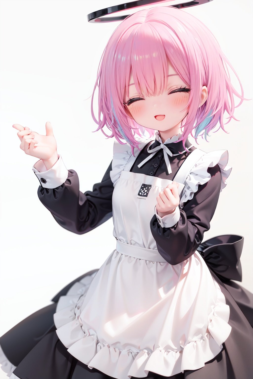  1girl, solo, apron, halo, hair over one eye, closed eyes, smile, white background, dress, white apron, simple background, long sleeves, multicolored hair, braid, open mouth, blue hair, alternate costume, blush, bangs, :d, pink hair, black dress, ribbon, frilled dress, enmaided, short hair, hand up, colored inner hair