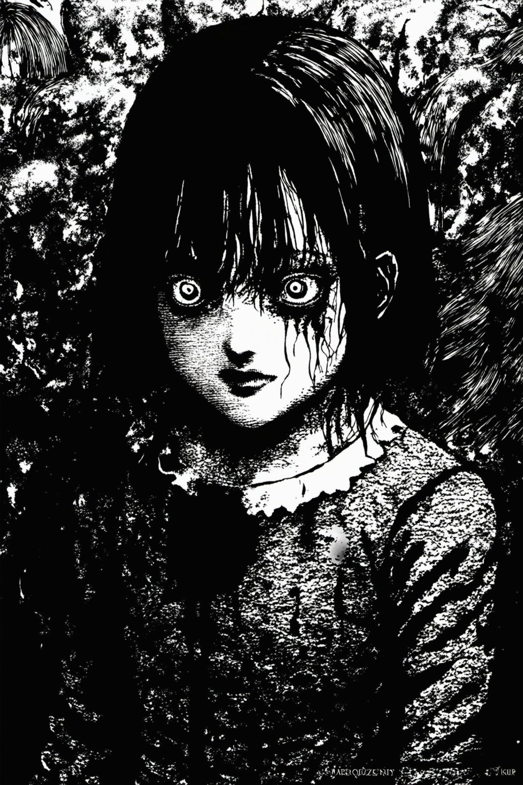 Huge and terrifying,perspective,JunjiIto,JunjiIto_qz, greyscale, monochrome, 1girl, blood, guro, solo, 