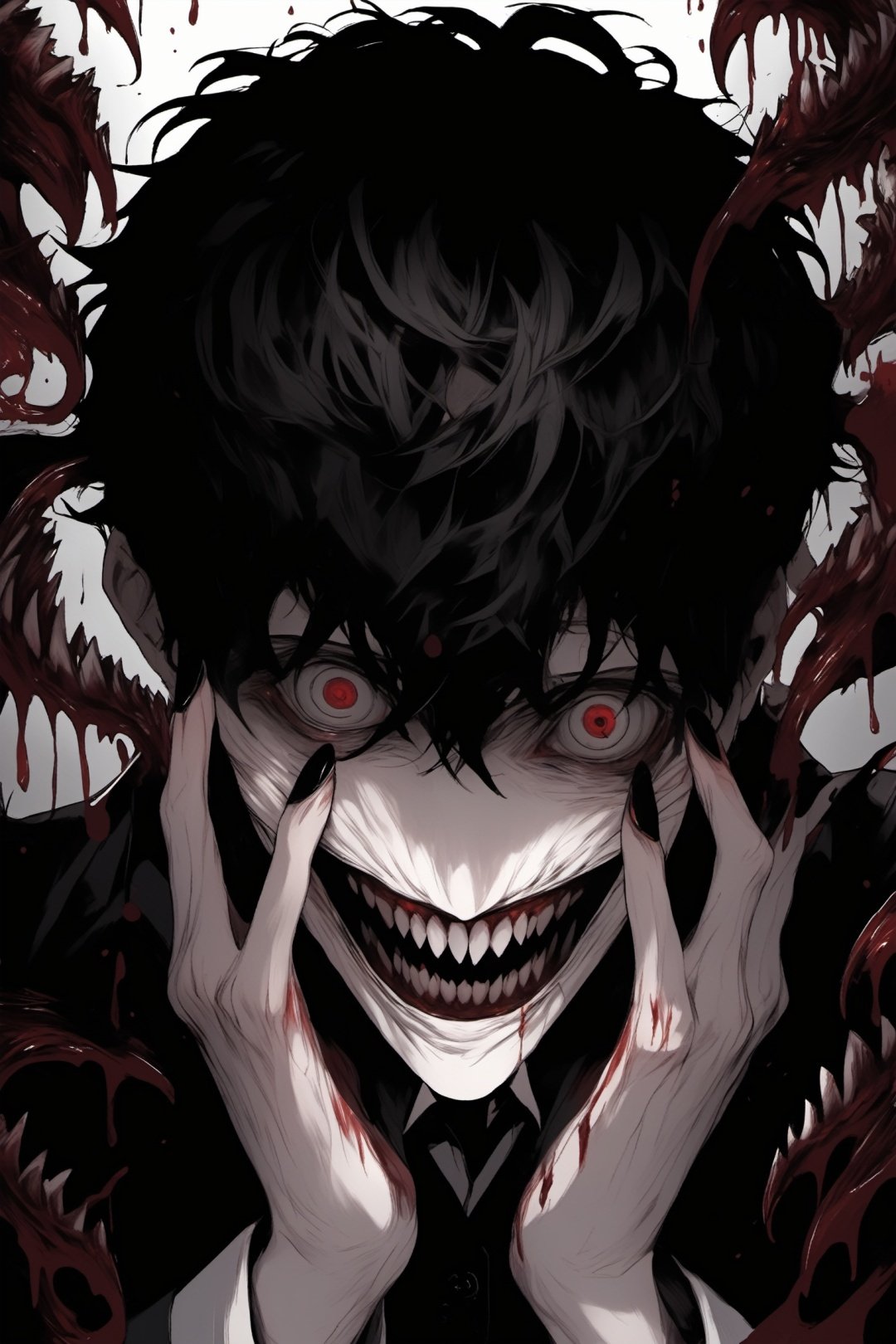 Huge and terrifying,perspective,JunjiIto,JunjiIto_qz, 1boy, teeth, male focus, looking at viewer, horror \(theme\), open mouth, solo, black hair, fingernails, smile, hands up, black nails, blood, monochrome, sharp teeth, short hair, 