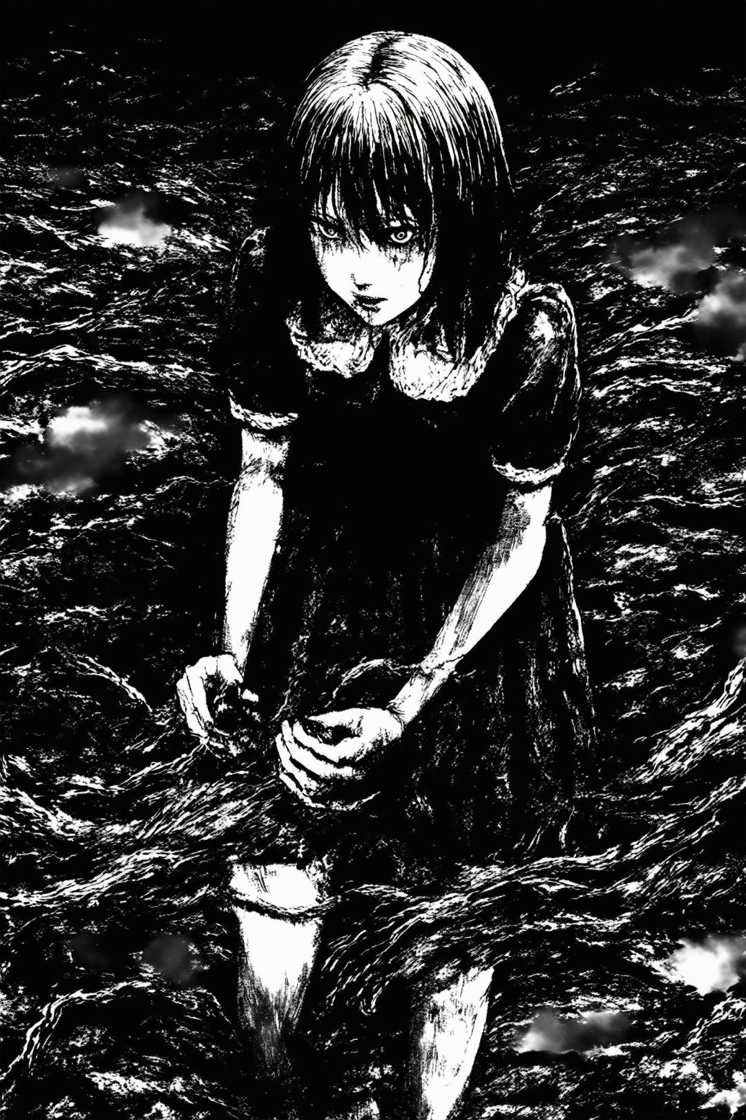 Huge and terrifying,perspective,JunjiIto,JunjiIto_qz, greyscale, monochrome, 1girl, blood, guro, solo, 