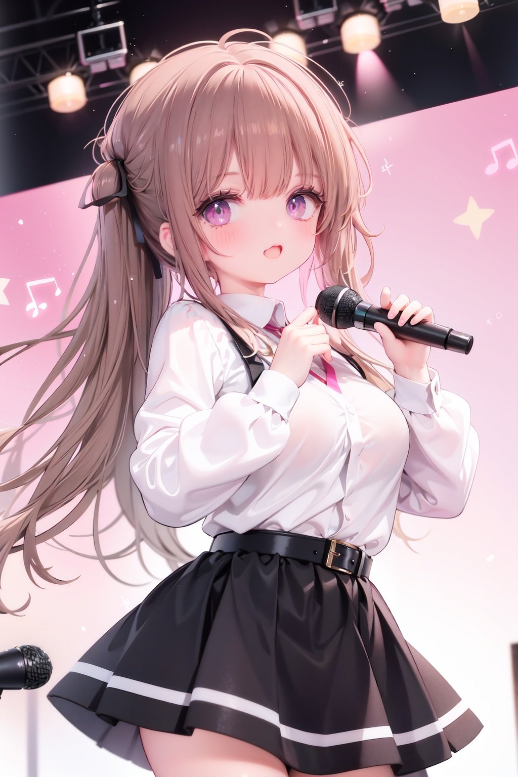  1girl, solo, microphone, smile, skirt, blush, brown eyes, long hair, open mouth, looking at viewer, brown hair, long sleeves, :d, shirt, bangs, belt, breasts, pink shirt, outstretched arm, music, black belt, medium breasts, holding microphone, singing