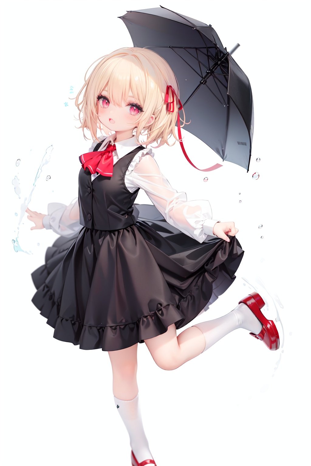  1girl, rumia, blonde hair, solo, white background, red eyes, red footwear, simple background, ascot, short hair, ribbon, open mouth, hair ribbon, smile, long sleeves, shirt, looking at viewer, red ascot, white socks, white shirt, red ribbon, shoes, socks, frills, bangs, outstretched arms, hair between eyes, skirt, :d, dress, vest, mary janes, black dress, black skirt, collared shirt, black vest, blush