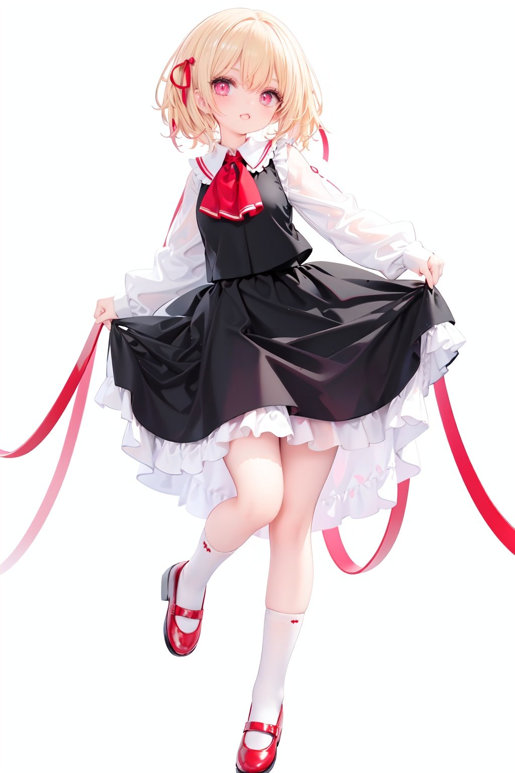  1girl, rumia, blonde hair, solo, white background, red eyes, red footwear, simple background, ascot, short hair, ribbon, open mouth, hair ribbon, smile, long sleeves, shirt, looking at viewer, red ascot, white socks, white shirt, red ribbon, shoes, socks, frills, bangs, outstretched arms, hair between eyes, skirt, :d, dress, vest, mary janes, black dress, black skirt, collared shirt, black vest, blush