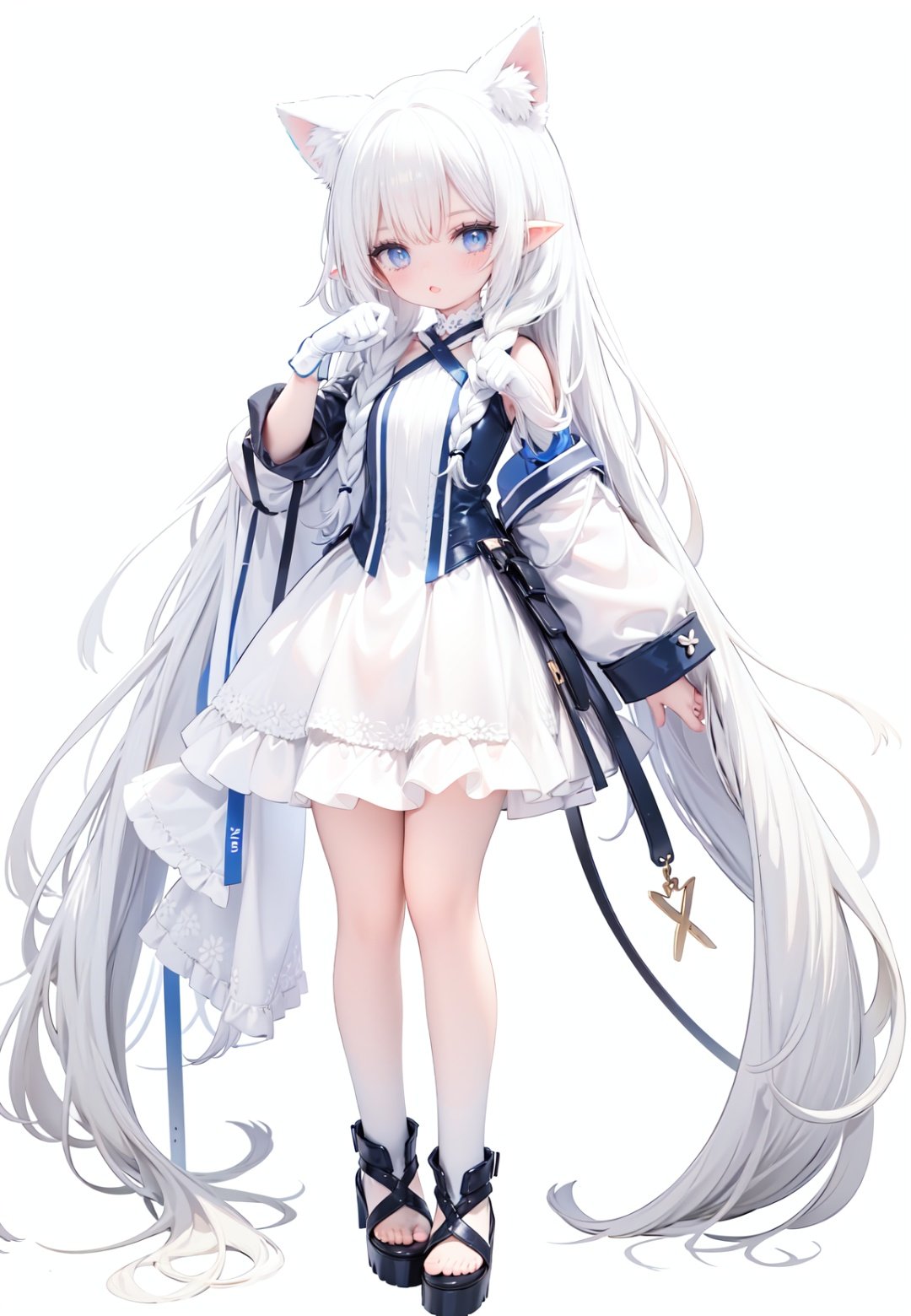  1girl, white_gloves, braid, full_body, gloves, long_hair, official_alternate_costume, pointy_ears, simple_background, solo, standing, very_long_hair, white_background, white hair, blue eyes, paw claw pose, open_mouth