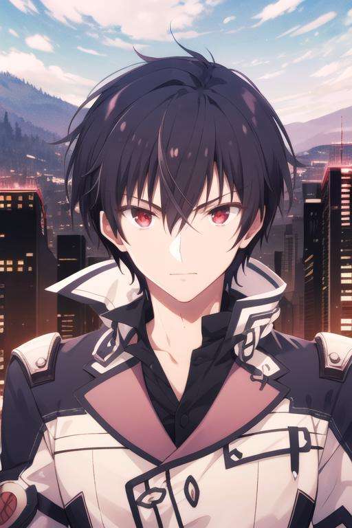 masterpiece, best quality, illustration, 1boy, solo, male focus, looking at viewer, upper body, , anime coloring, , <lora:anos_voldigoad:0.72>, anos_voldigoad, black hair, red eyes, , The City of Glas, 12k resolution