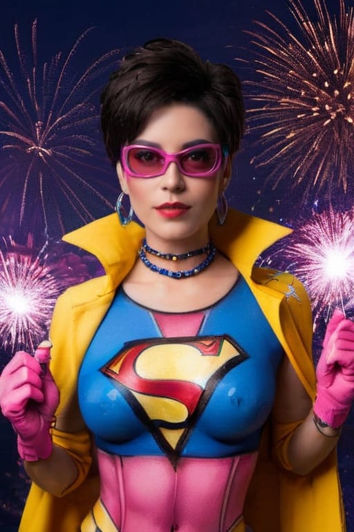 uniformsbodypaint, jubilee superhero uniform, pink sunglasses, earrings, brown collared coat, pink shirt, cross necklaces, blue gloves, blue jeans, black short haired woman, looking at viewer, fireworks, nipples,