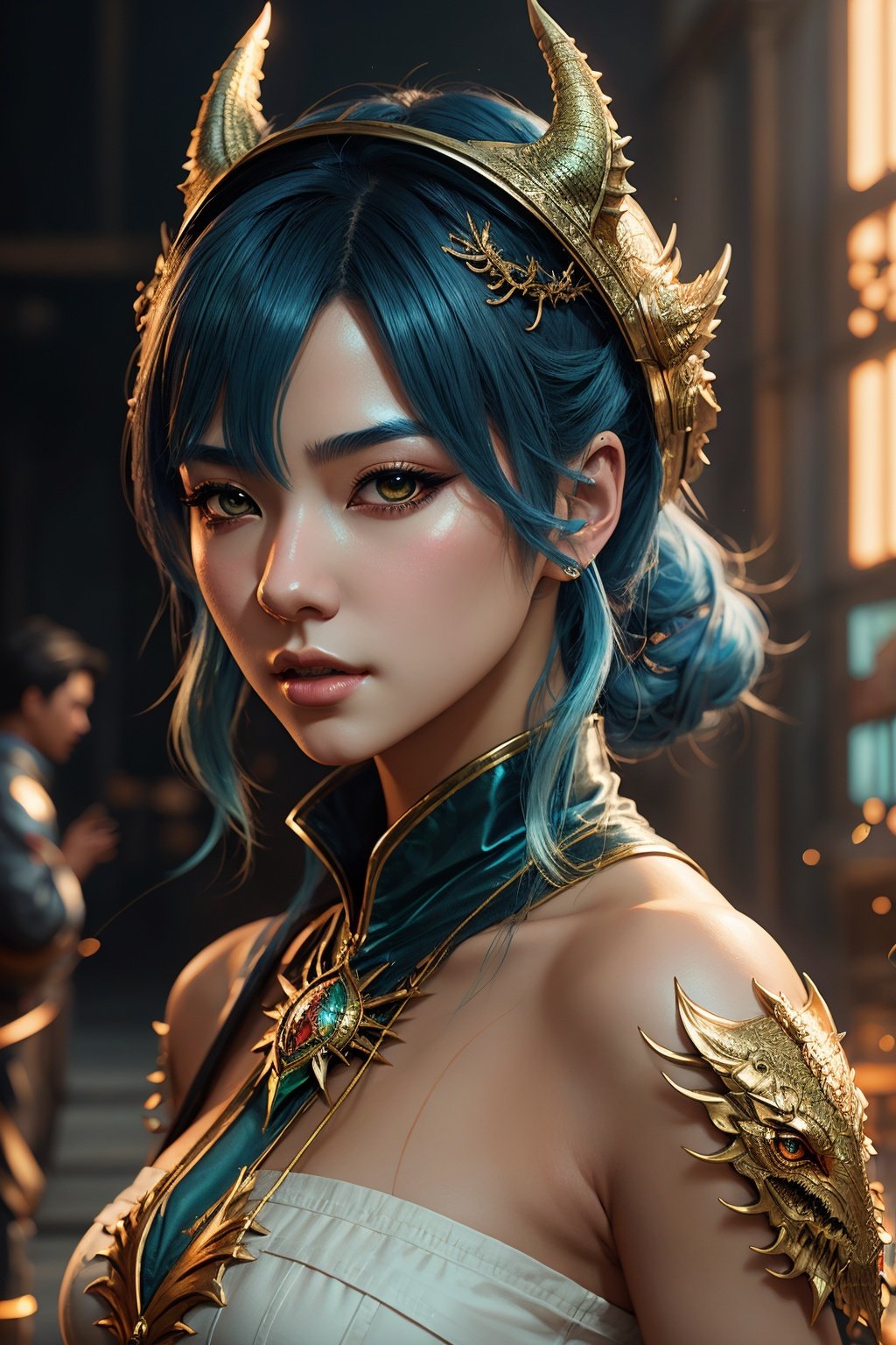 A woman with a dragon hat and blue hair, the dragon girl portrait, Artgerm e James Jean, Artgerm detalhado, Artgerm. anime illustration, pintura de personagem bonita, Artgerm. High detail, bela arte digital, belas fotos avatar, a beautiful artwork illustration, dragon girl, Artgerm e Ruan Jia, arte de anime digital detalhada