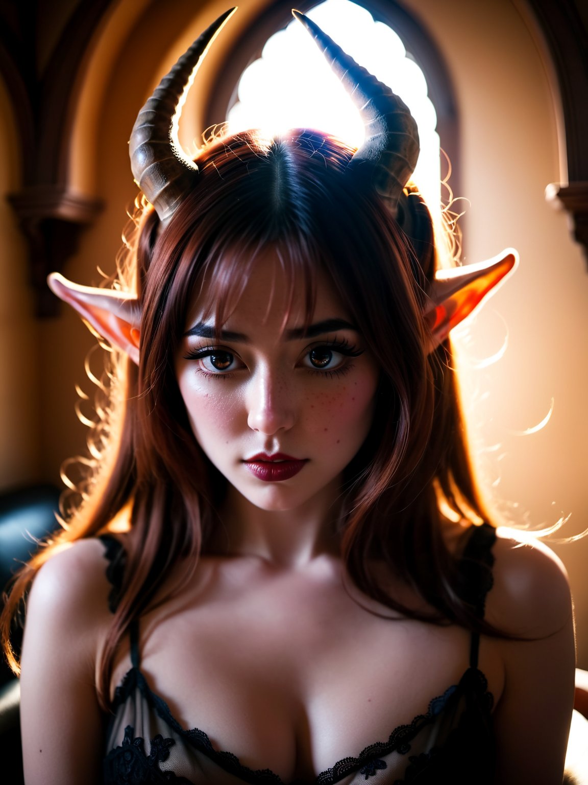 (Highest Quality, 4k, masterpiece, Amazing Details:1.1), bokeh, wide angle picture of a sexy and submissive 25yo sophisticated demon girl (she has empty eyes, (masturbation:1.5), (skin imperfections like small moles, freckles or marks:1.12), demon horns and big black glowing demonic wings) wearing only a nightgown, she is posing elegant side looking, turning her face (like a magical ilustration), film grain, fujifilm, kodak portra, professional photography, 35mm lens, f/1.8, ISO 100, soft and diffused lighting, goosebumps, ultra realistic, trending on instagram, (photorealistic) (RAW Photo)