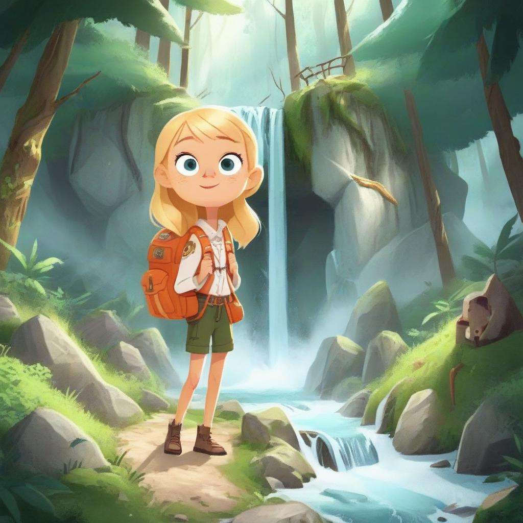 a blonde girl adventuring in a forest near a waterfall, backpack, brave <lora:COOLKIDS_XL_0.3_RC:1>