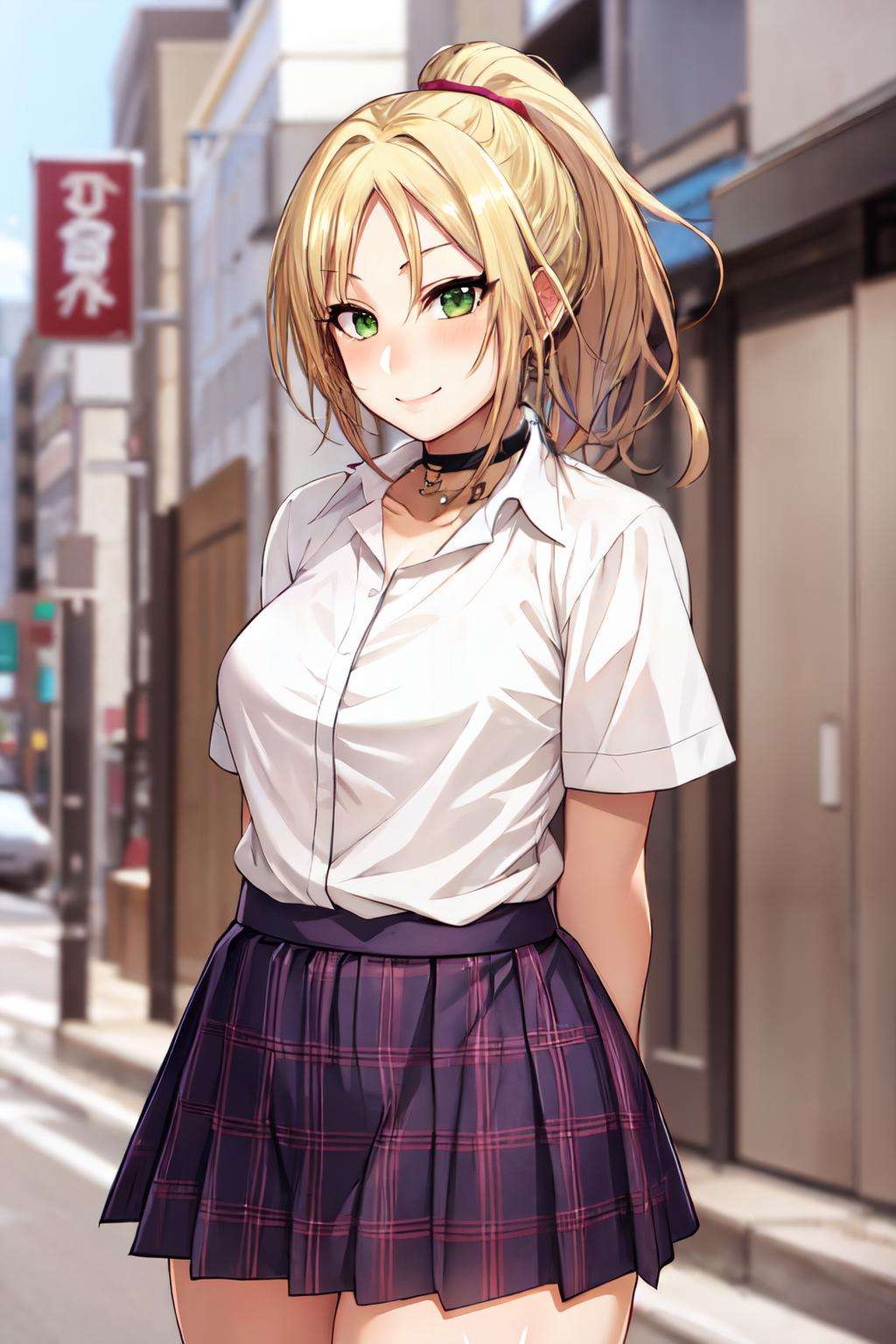 <lora:korotsuke_style:1> korotsuke style, 1girl,solo, blonde hair, green eyes long hair, looking at viewer, white shirt, plaid skirt, miniskirt, thighs, arms behind back, choker, ponytail,smile,blush, short sleeves, 