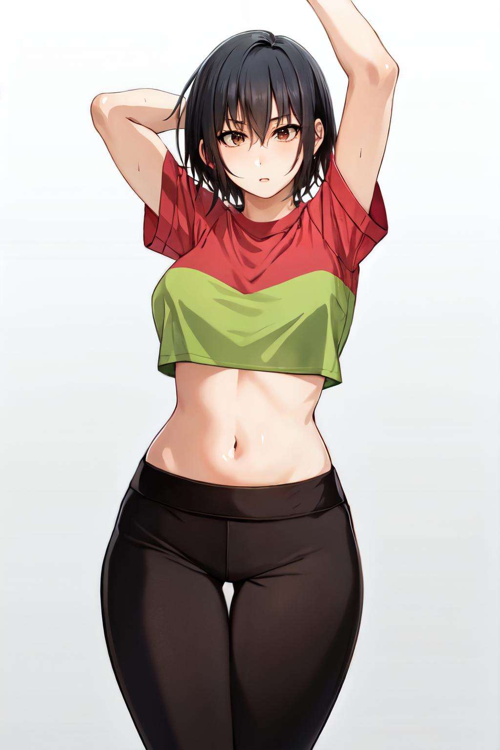 <lora:korotsuke_style:1>korotsuke style, solo, 1girl, short hair, black hair, red shirt, crop top, navel ,midriff, yoga pants, black pants, thigh gap, brown eyes, white background