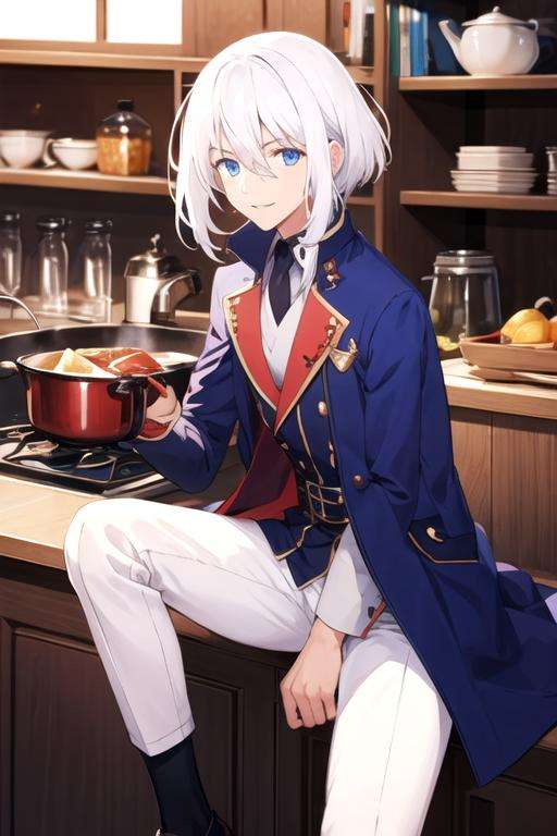 masterpiece, best quality, , 1boy, solo, male focus, looking at viewer, , , , , <lora:lay_glanzudlii:0.66>, lay_glanzudlii, white hair, blue eyes, devil costume, kitchen, HD