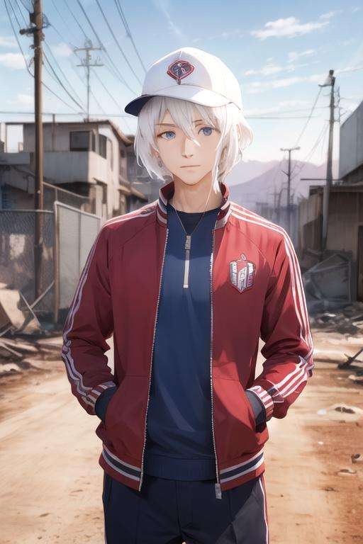 masterpiece, best quality, sketch, 1boy, solo, male focus, looking at viewer, upper body, depth of field, , , <lora:lay_glanzudlii:0.72>, lay_glanzudlii, white hair, blue eyes, track jacket, baseball cap, science fiction apocalyptic and post-apocalyptic, Blu-ray