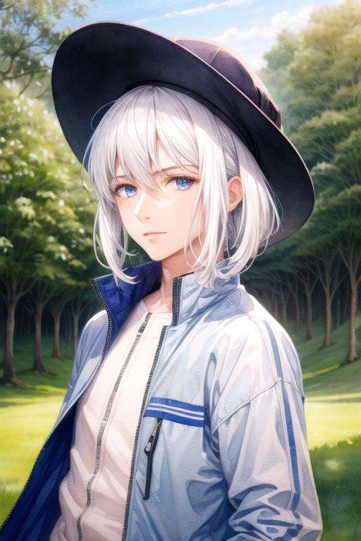 masterpiece, best quality, photorealistic, 1boy, solo, male focus, looking at viewer, , , (watercolor illustration, soft pastel colors:1.1), , <lora:lay_glanzudlii:0.66>, lay_glanzudlii, white hair, blue eyes, windbreaker, cloche hat, , High definition