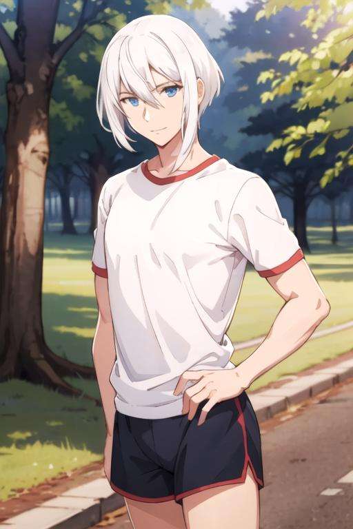 masterpiece, best quality, photorealistic, 1boy, solo, male focus, looking at viewer, , depth of field, ligne claire, , <lora:lay_glanzudlii:0.72>, lay_glanzudlii, white hair, blue eyes, gym shorts, , aztec, HD