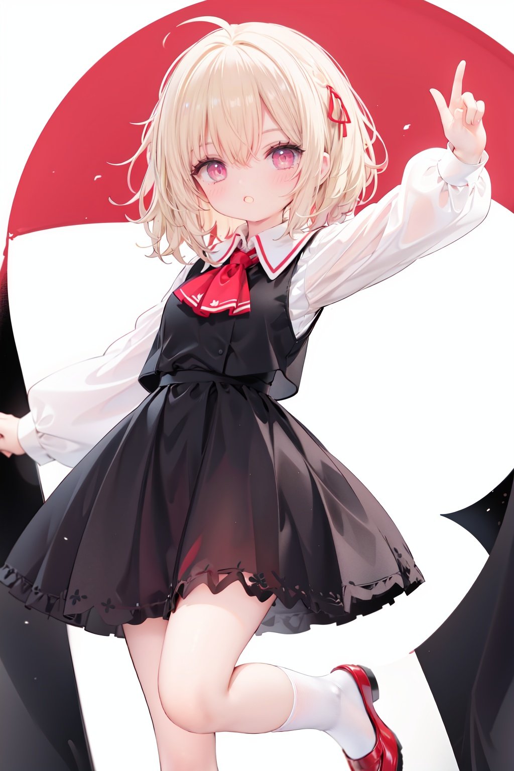  1girl, rumia, blonde hair, solo, white background, red eyes, red footwear, simple background, ascot, short hair, ribbon, open mouth, hair ribbon, smile, long sleeves, shirt, looking at viewer, red ascot, white socks, white shirt, red ribbon, shoes, socks, frills, bangs, outstretched arms, hair between eyes, skirt, :d, dress, vest, mary janes, black dress, black skirt, collared shirt, black vest, blush