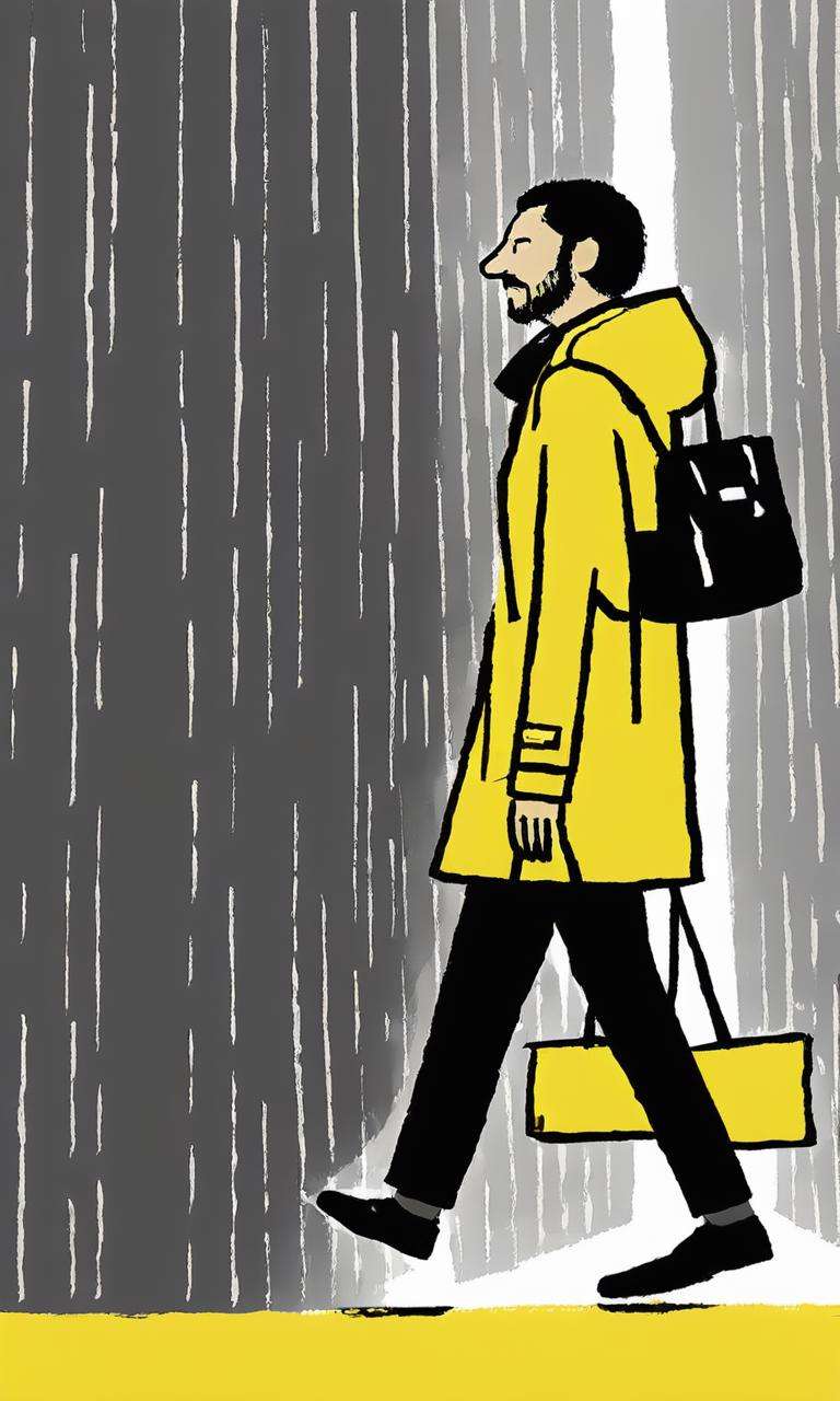 Graffiti Comic,a drawing of  a person walking with a bag while looking at his phone,trending on cg society,conceptual art,illustration!,cypherpunk fashion illustration,yellow raincoat,<lora:Graffiti Comic:1>,masterpiece,best quality,