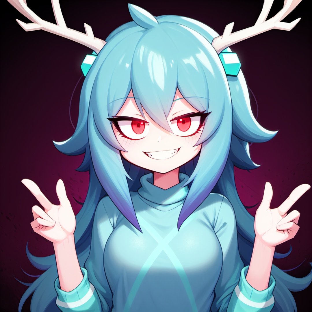 2d, 1gir, long_hair, cyan hair, red eyes, big eyes, fair skin, light blue sweater, white deer horns, smile, looking at viewer, upper body, perfect lighting, simple background