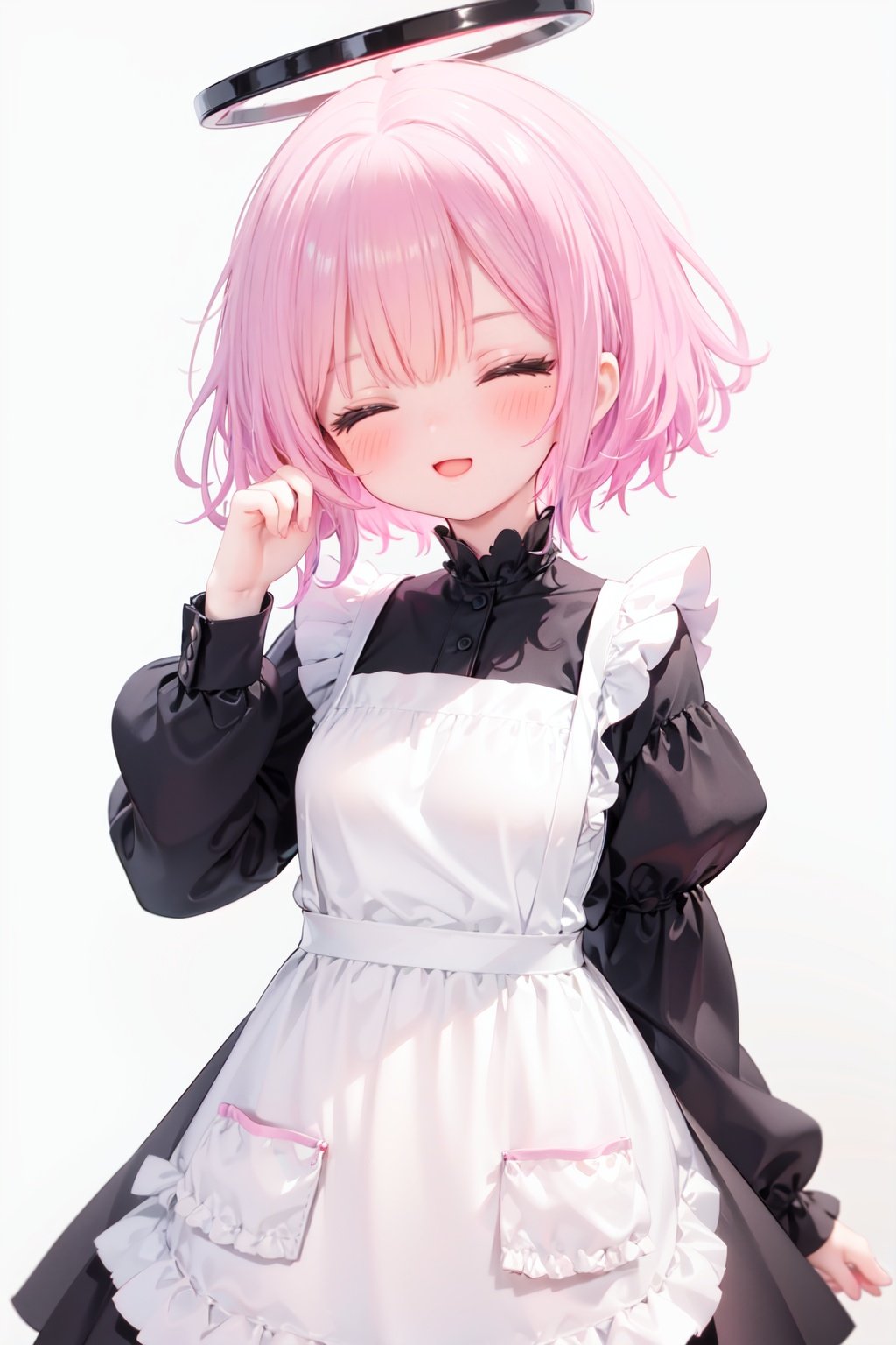  1girl, solo, apron, halo, hair over one eye, closed eyes, smile, white background, dress, white apron, simple background, long sleeves, multicolored hair, braid, open mouth, blue hair, alternate costume, blush, bangs, :d, pink hair, black dress, ribbon, frilled dress, enmaided, short hair, hand up, colored inner hair