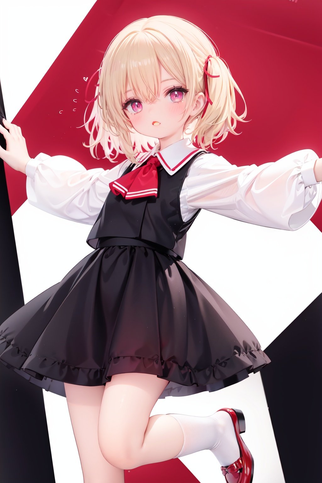  1girl, rumia, blonde hair, solo, white background, red eyes, red footwear, simple background, ascot, short hair, ribbon, open mouth, hair ribbon, smile, long sleeves, shirt, looking at viewer, red ascot, white socks, white shirt, red ribbon, shoes, socks, frills, bangs, outstretched arms, hair between eyes, skirt, :d, dress, vest, mary janes, black dress, black skirt, collared shirt, black vest, blush