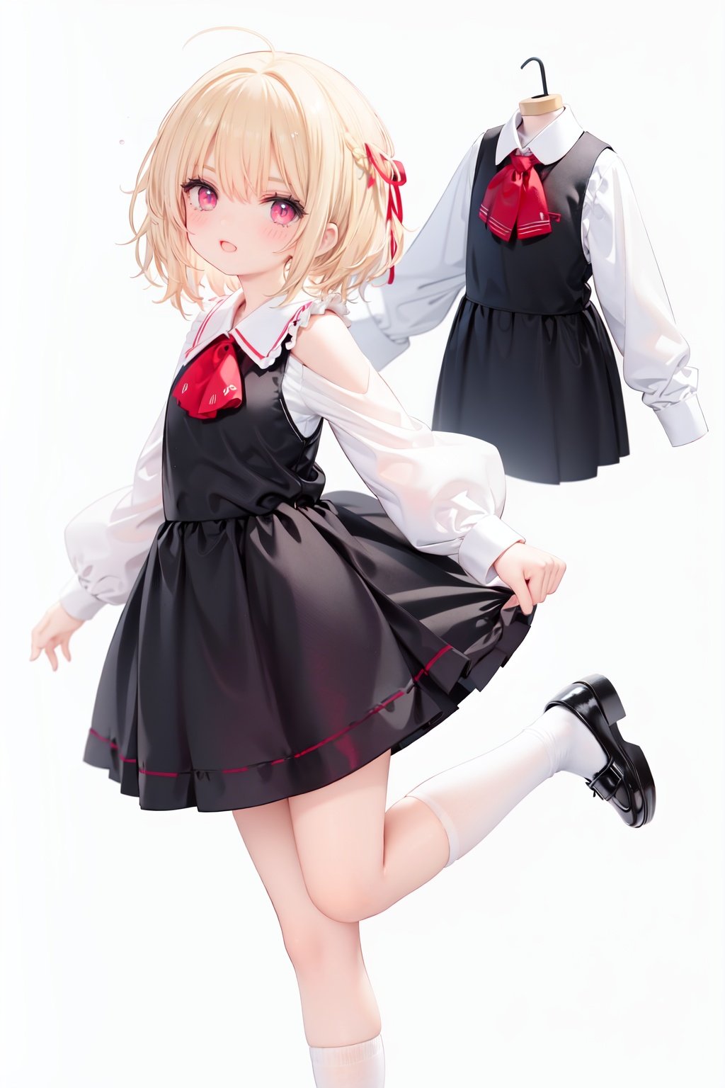  1girl, rumia, blonde hair, solo, white background, red eyes, red footwear, simple background, ascot, short hair, ribbon, open mouth, hair ribbon, smile, long sleeves, shirt, looking at viewer, red ascot, white socks, white shirt, red ribbon, shoes, socks, frills, bangs, outstretched arms, hair between eyes, skirt, :d, dress, vest, mary janes, black dress, black skirt, collared shirt, black vest, blush