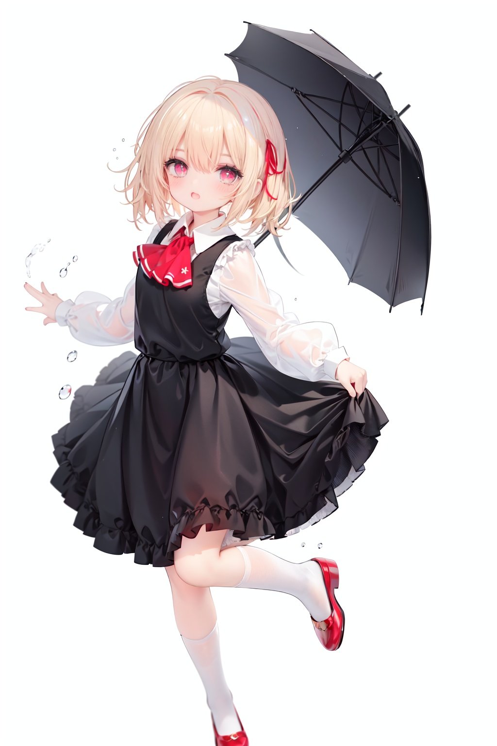  1girl, rumia, blonde hair, solo, white background, red eyes, red footwear, simple background, ascot, short hair, ribbon, open mouth, hair ribbon, smile, long sleeves, shirt, looking at viewer, red ascot, white socks, white shirt, red ribbon, shoes, socks, frills, bangs, outstretched arms, hair between eyes, skirt, :d, dress, vest, mary janes, black dress, black skirt, collared shirt, black vest, blush